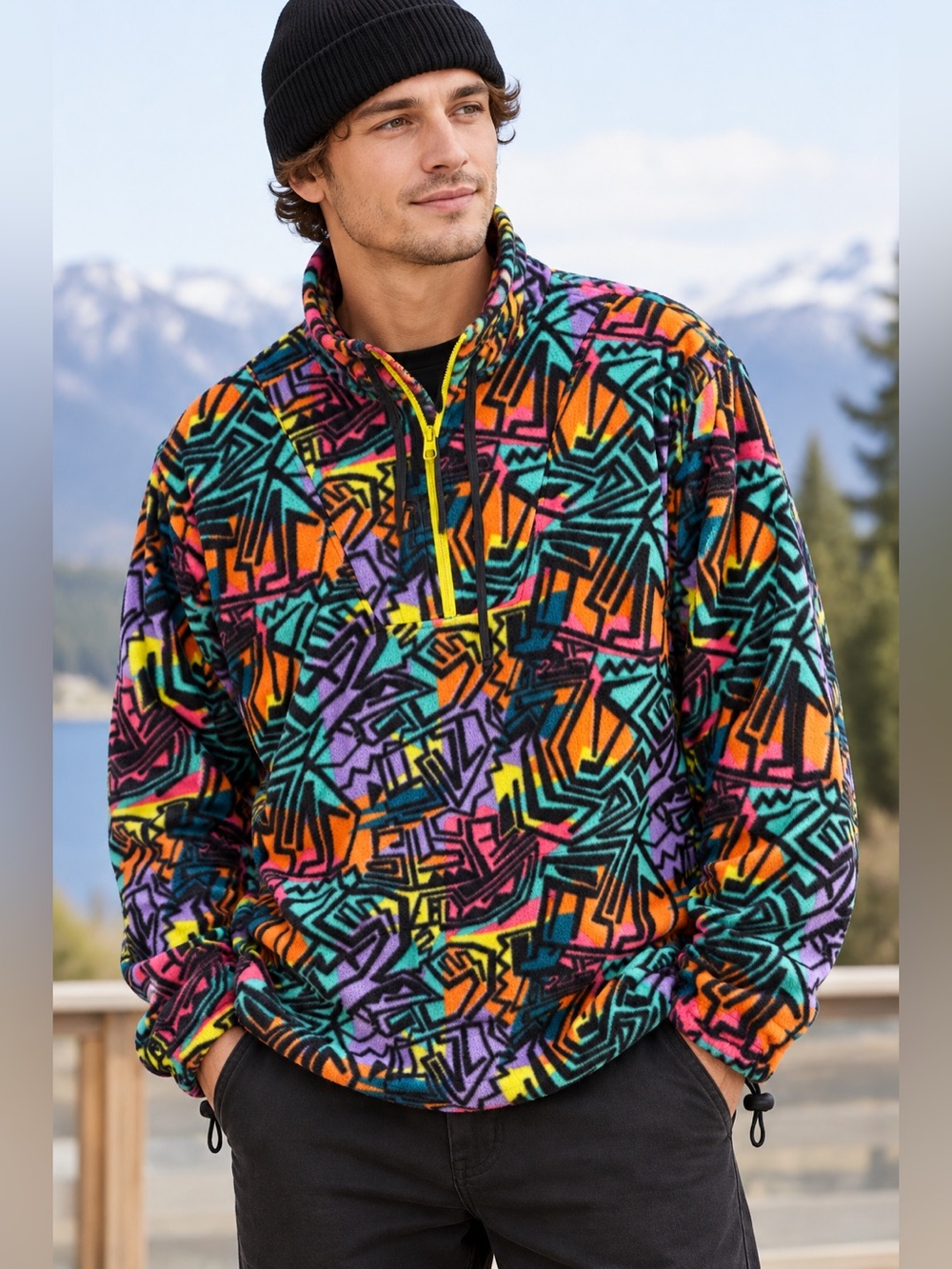 Empyre Men's Multicolor Geometric Fleece Pullover Jacket Size XL Retro 90s